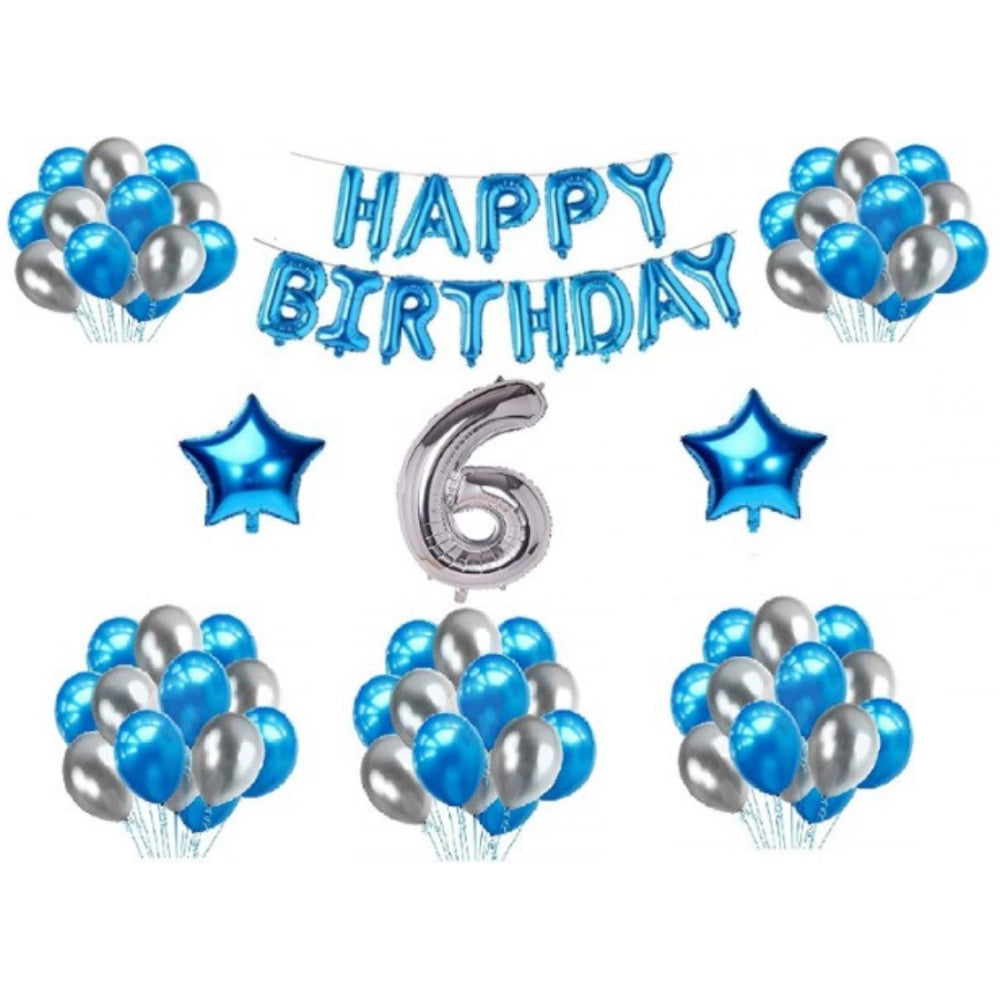 Blue and silver 6th Happy Birthday decoration combo with foil and star balloons. Set includes 1 blue foil Happy Birthday item, 2 blue foil stars, and 30 mixed-color metallic balloons. Non-toxic, eco-friendly, and safe for children's use