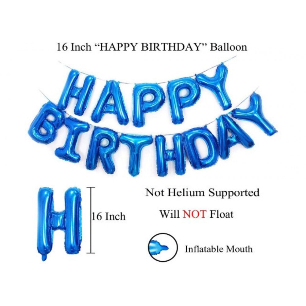 Inflatable blue silver foil Happy Birthday balloons, 16 inches tall.