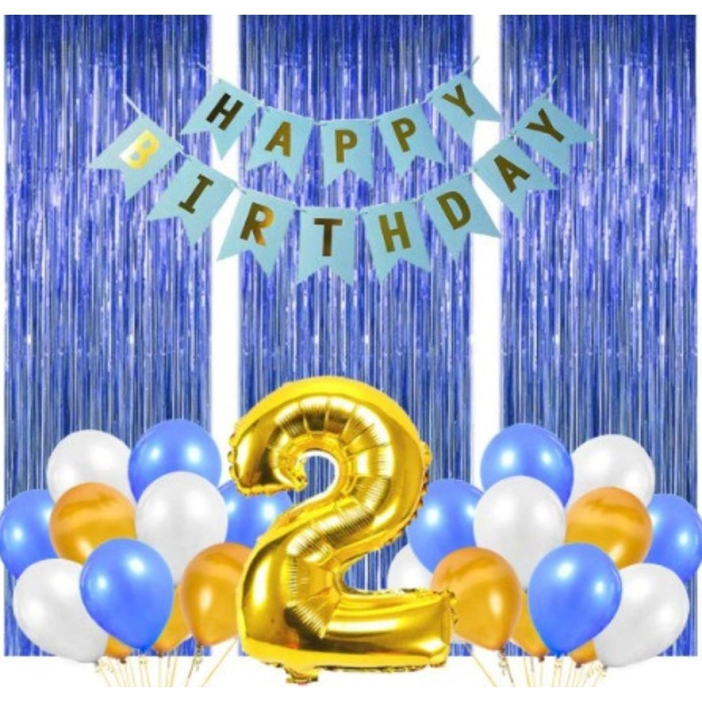 Multicolor foil balloons, banner, and curtain combo for a 2nd birthday party decoration.