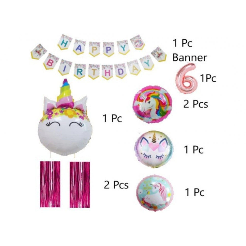 Multicolor Happy Birthday Unicorn Foil Balloon Combo with 6th banner, fringe curtain, & metallic balloons (pink, white, gold) - eco-friendly and safe for kids