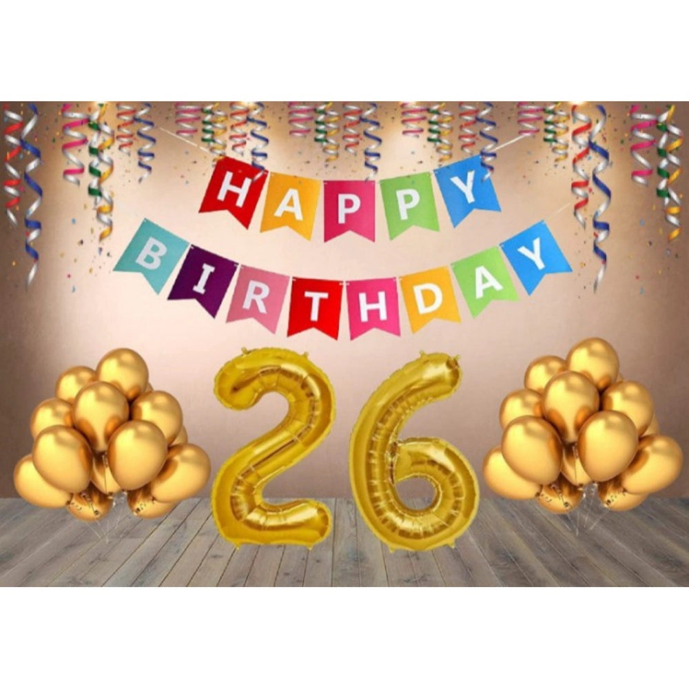 Golden balloon & banner 26th birthday decoration combo, multi-colored, festive.