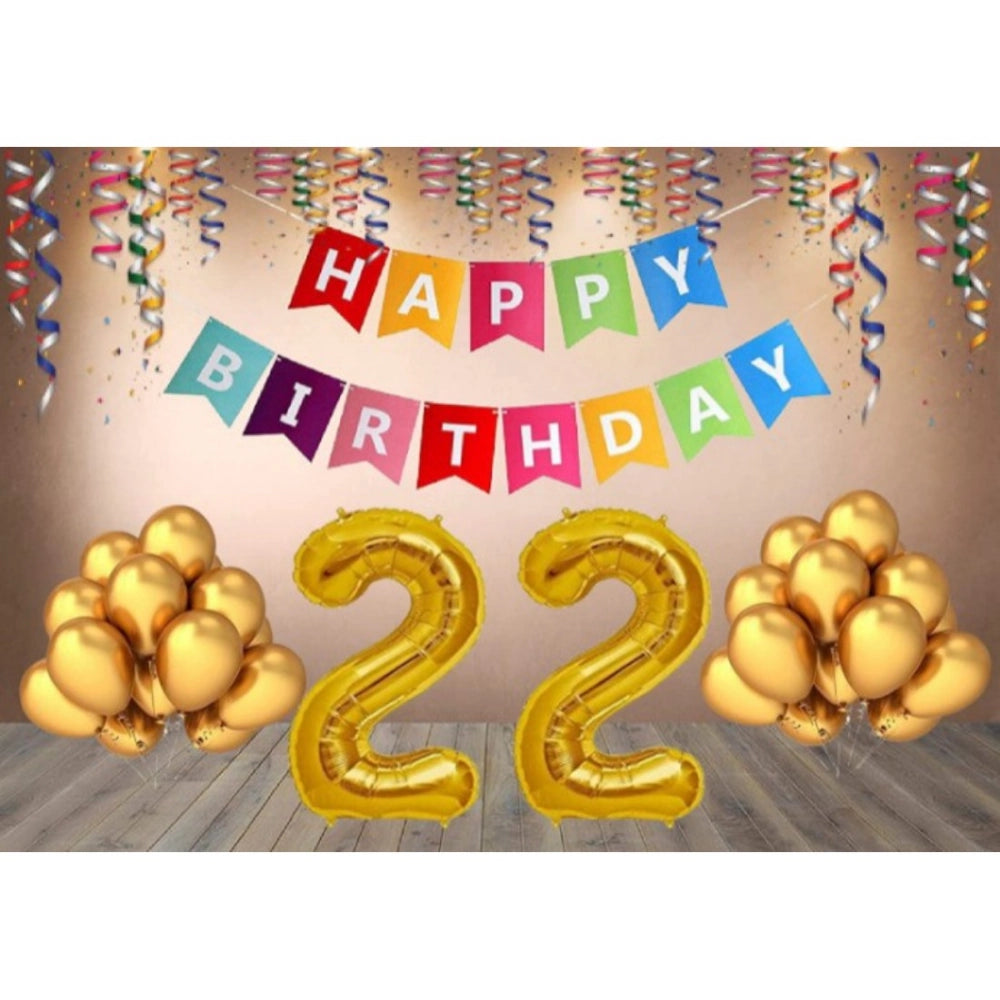 22nd Birthday Banner: Golden Balloons, Multi-Color Banner Decoration Combo