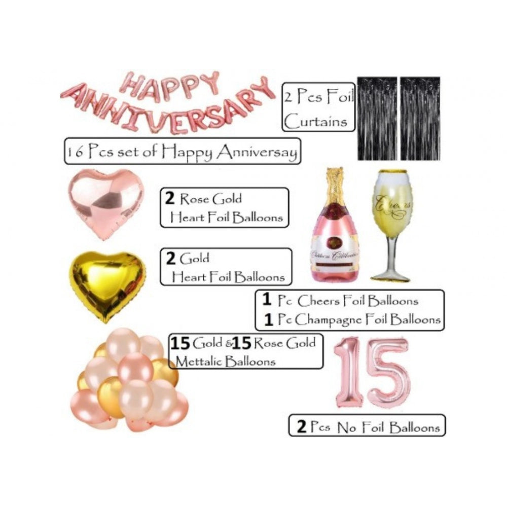 15Th Anniversary Rose Gold Foil Balloons With Happy Decoration Items Set (Rose Gold) - GillKart