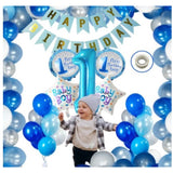 Blue baby boy 1st birthday balloons decoration kit with number 1 and teddy bear.