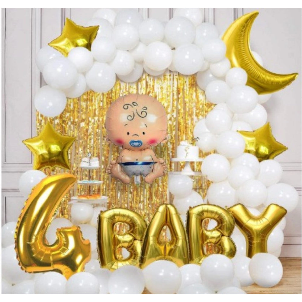 Multicolor 4th Birthday Decoration Combo: 1pc BABY letter foil balloon, 1pc number 4 golden foil balloon, 3pcs golden star foil, 1pc golden moon foil, 50pcs white metallic, non-toxic, eco-friendly, safe for kids