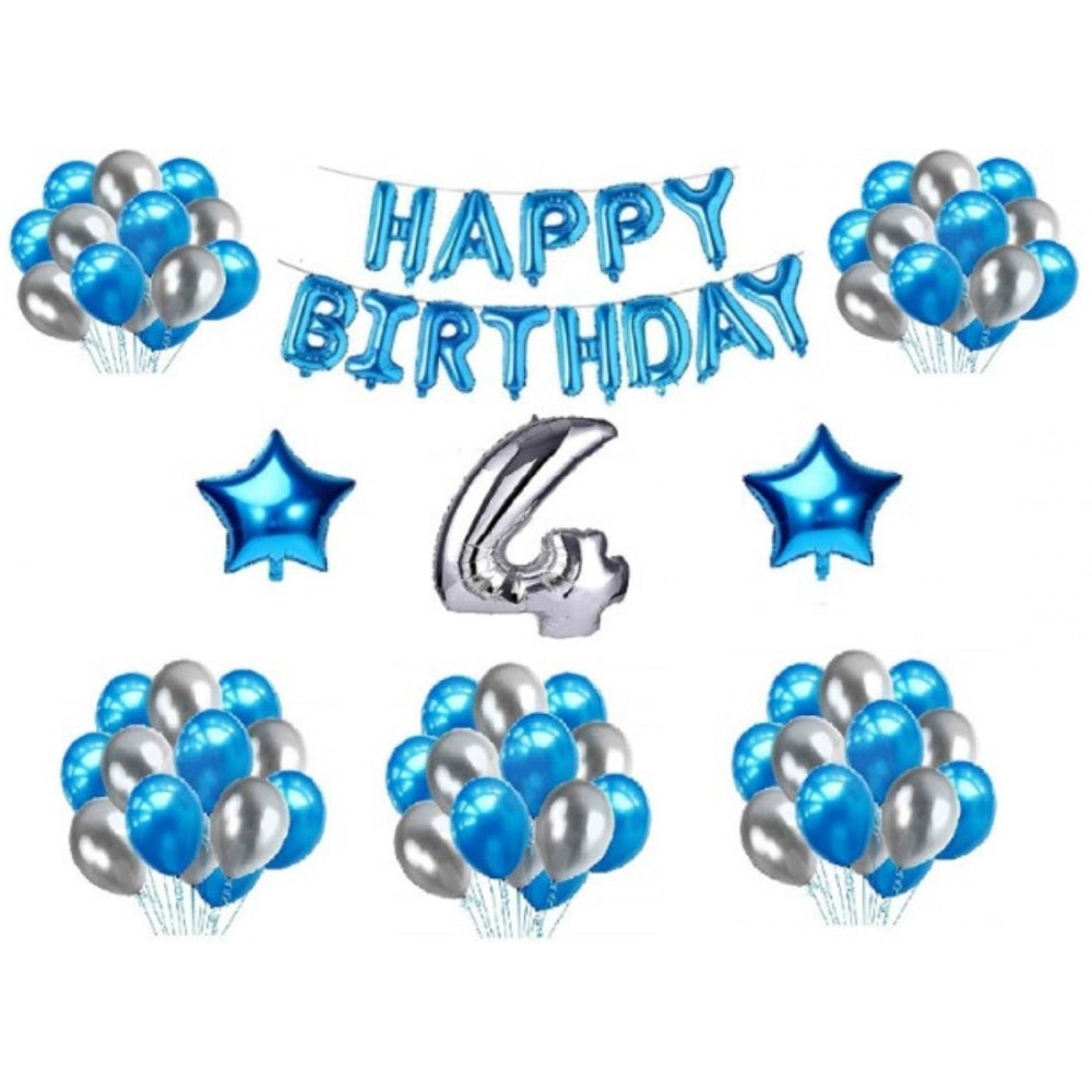 4th Birthday Balloon Combo: Blue, silver foil balloons with star decorations.
