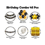 Multicolor Happy Birthday Decoration Combo: 1pc black banner, 2pcs gold foil curtains, 3pcs star foil balloons, metallic balloons, photo banner - safe for kids, eco-friendly