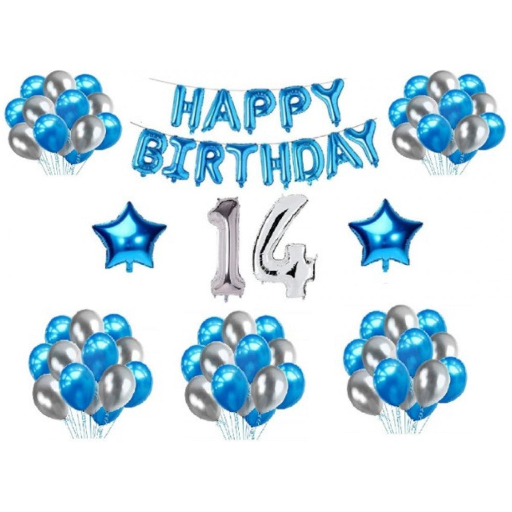 14Th Happy Birthday Decoration Combo With Foil And Star Balloons (Blue, Silver) - GillKart
