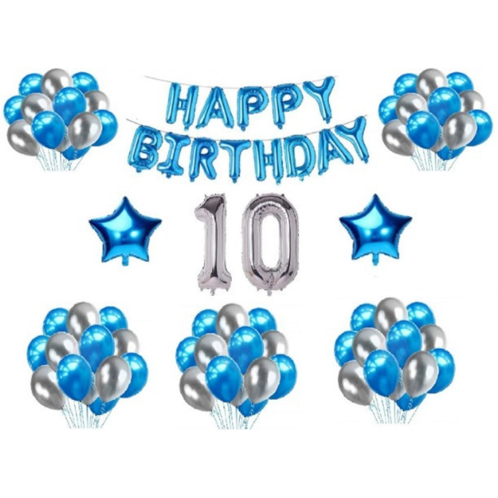 Blue silver foil balloons with "10th Birthday" banner decoration combo.