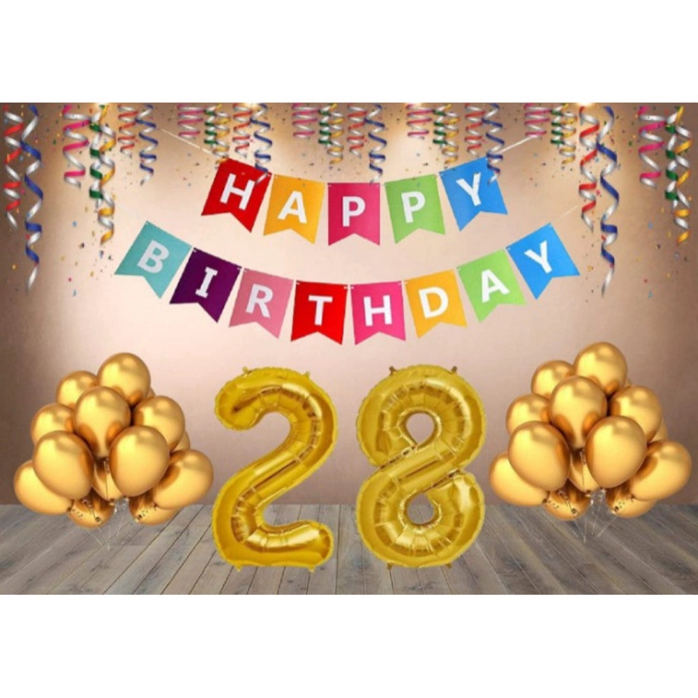 Golden balloons, multi-color banner, 28th birthday decoration combo.