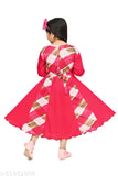 Pink and red checkered patterned cotton blend maxi dress, flare style, round neck, long sleeve, party wear for girls