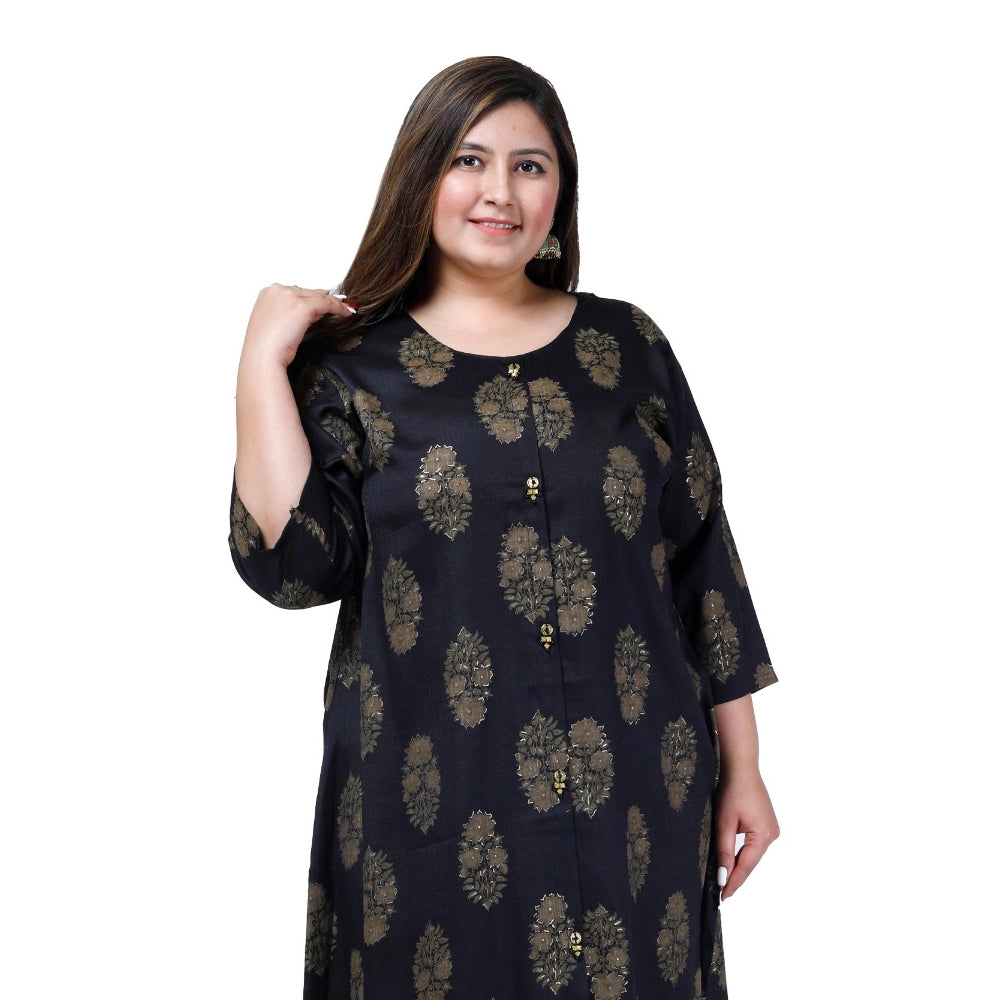 Women's Office wear Golden Foil Capsule A-Line Kurti (Black)