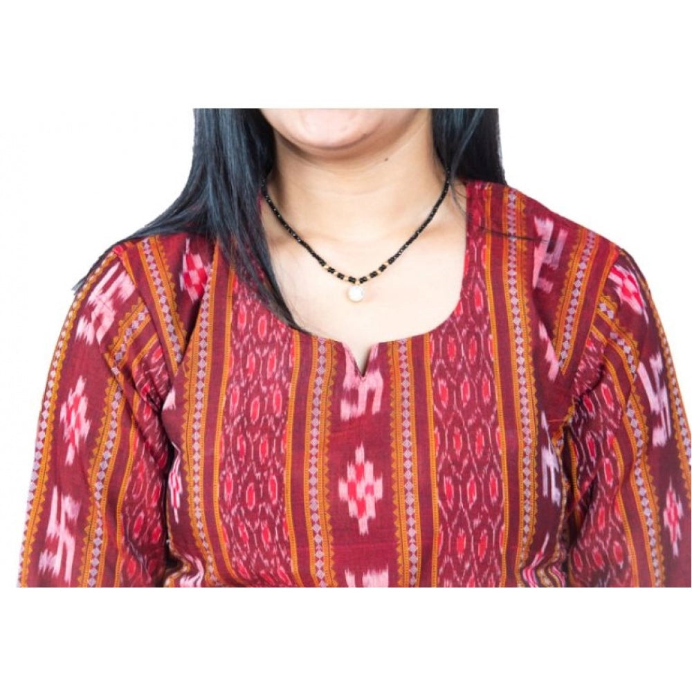 Maroon pure cotton Sambalpuri handloom straight kurti with keyhole neck, 3/4th sleeve