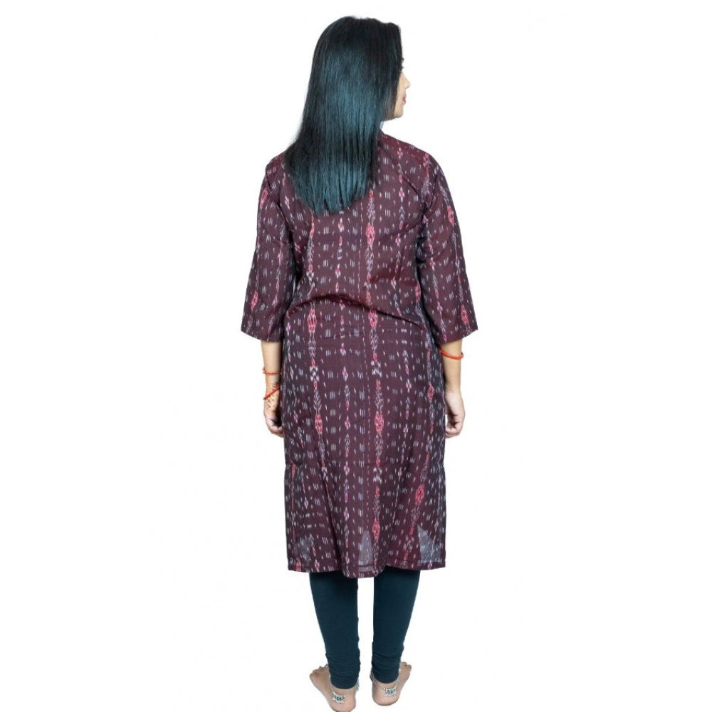 Brown pure cotton women's Sambalpuri handloom straight kurti with 3/4th sleeves and high neck, comfortable and classy traditional Indian wear