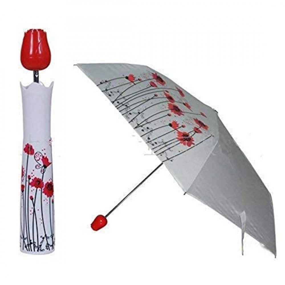 Lightweight waterproof rose umbrella with compact case, assorted designs for monsoon and summer. Waterproof canvas and plastic, foldable design with aluminum alloy ribs and frosted rubberized handle for easy carrying. Perfect size for travel, ideal for backpacks and quick-drying