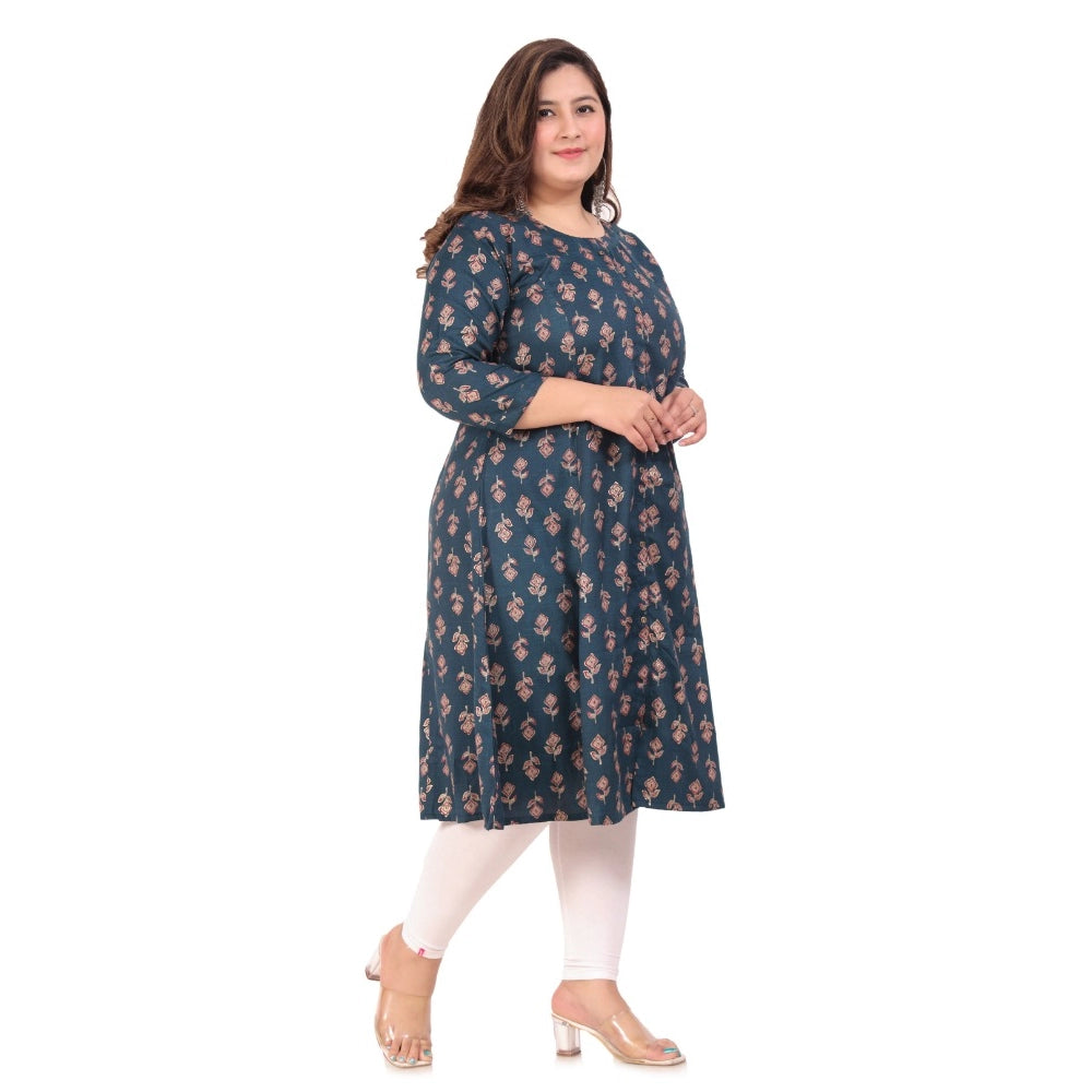 Women's Office wear Floral Printed Capsule Princess Cut Kurti (Green)