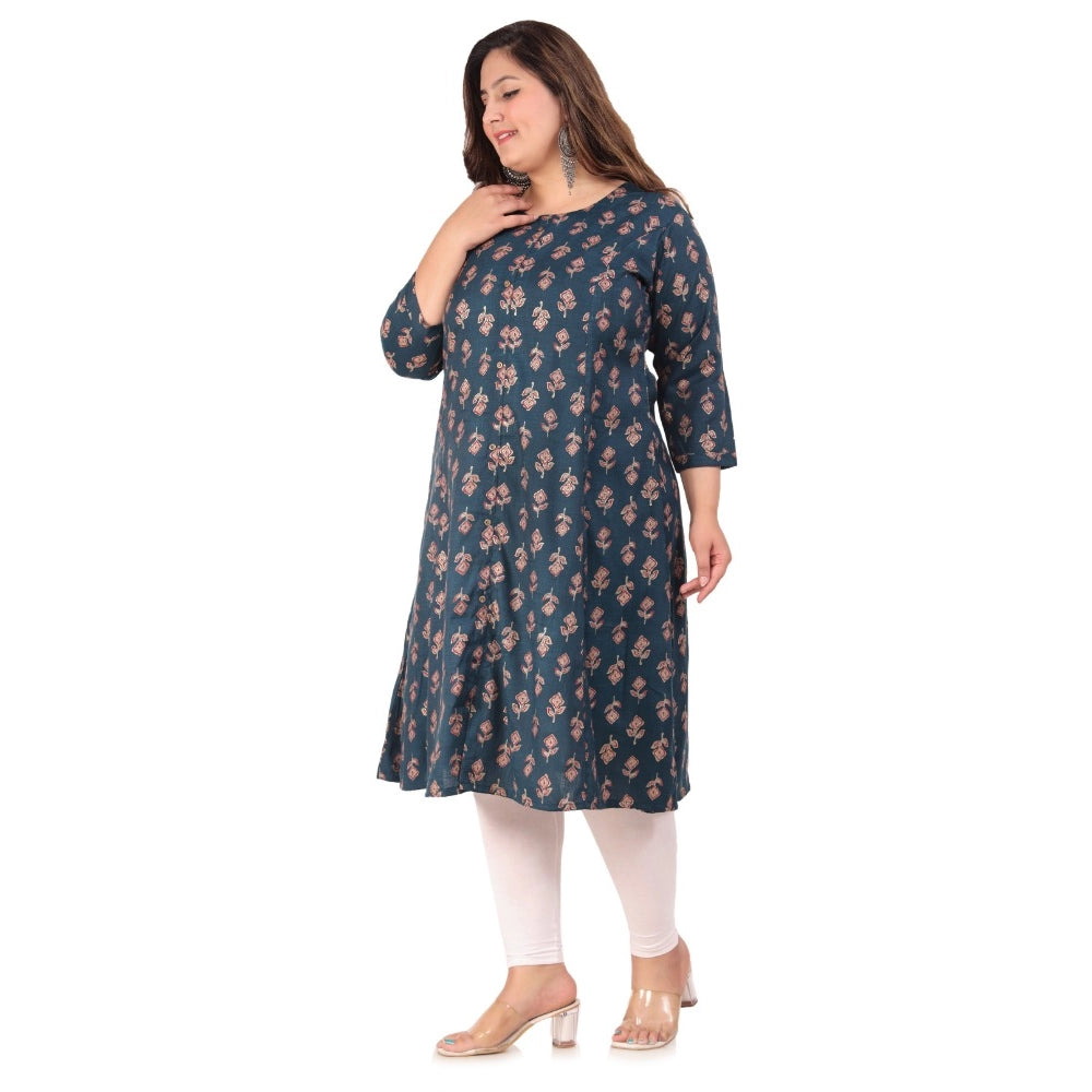 Women's Office wear Floral Printed Capsule Princess Cut Kurti (Green)