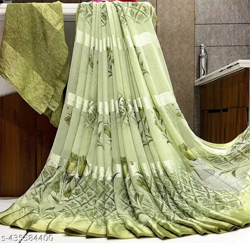 Green sari with unstitched blouse, satin fabric