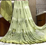 Green sari with unstitched blouse, satin fabric