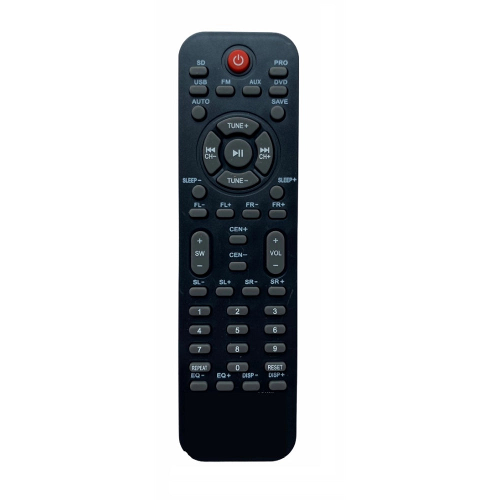12-in-1 Home Theatre Remote, black plastic, with multiple buttons and a display.