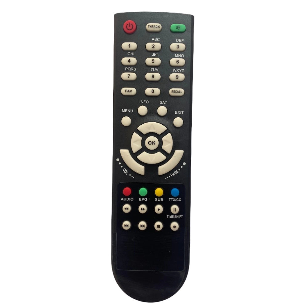 Infrared DTH remote with time and shift function, compatible with DVB (Free Dish) Set Top Box. Lightweight, ergonomic design, zinc carbon battery