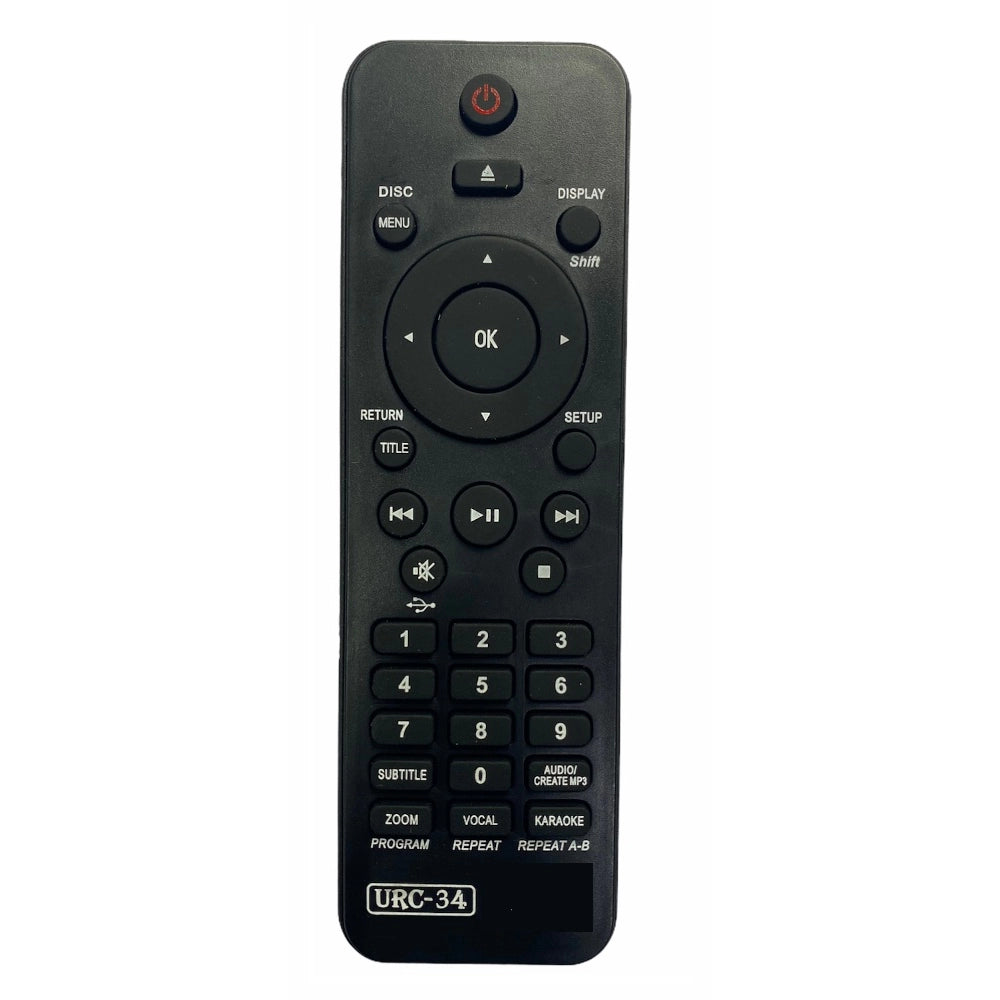 Black Infrared URC34 DVD remote, compatible with Philips DVD, long-range control, ergonomic design