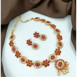 Women's Gold Plated Traditional Necklace and Earrings Set (Red, Free Size)