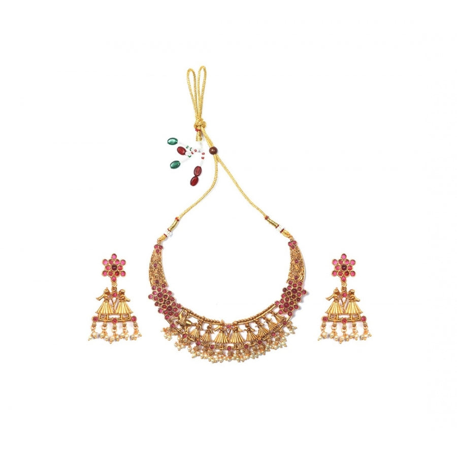 Red gold plated brass women's Temple Elegance necklace and earrings set, free size jewelry on model