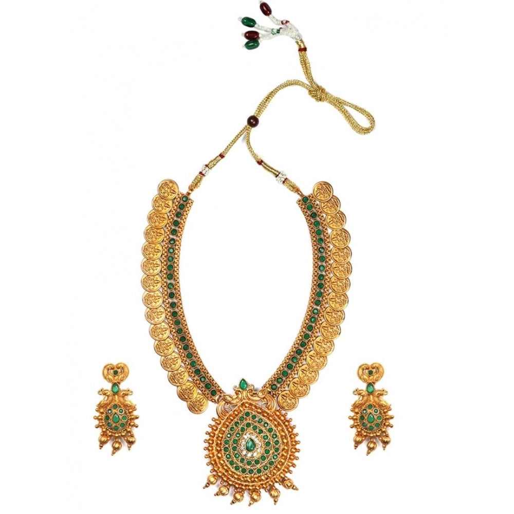 Women's Gold Plated Temple Necklace and Earrings Set with Pearls (Green, Free Size)