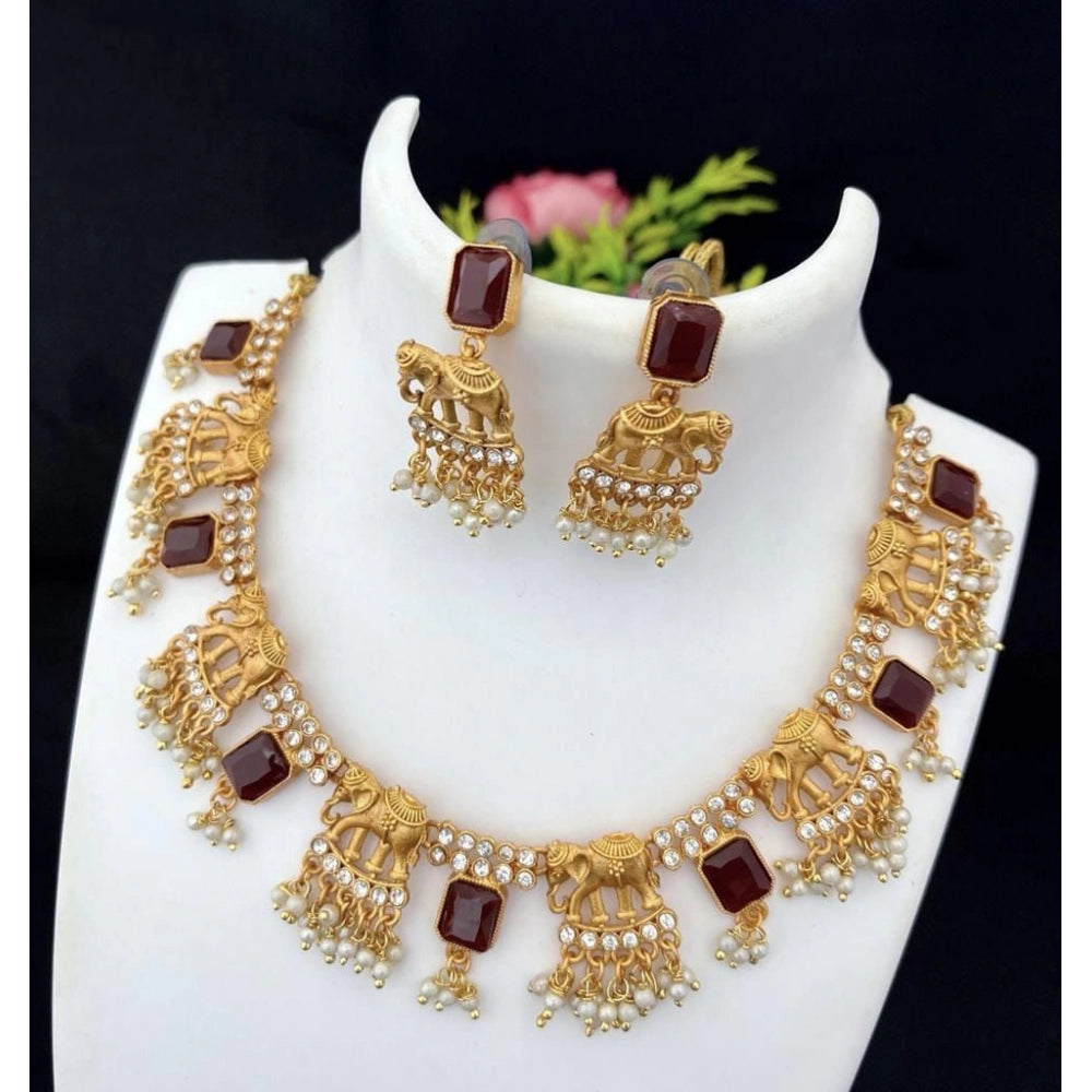 Women's Gold Plated Temple Necklace and Earrings Set (Red, Free Size)