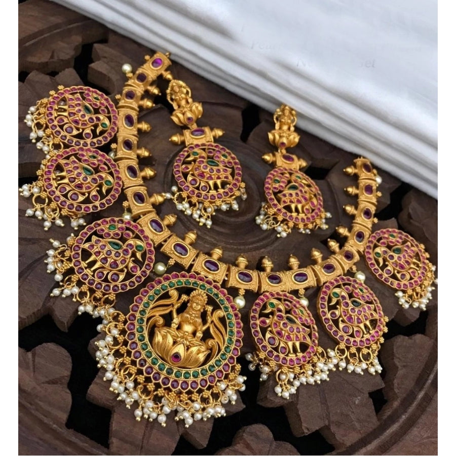 Gold-plated temple necklace and jhumka set, multi-color design for women's fashion accessories