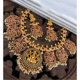Women's Goddess Glamour Gold Plated Temple Necklace and Jhumka Set (Multi Color, Free Size)