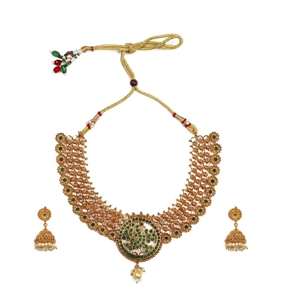 Women's Gold Plated Necklace and Earrings Set with Meenakari Work (Green, Free Size)