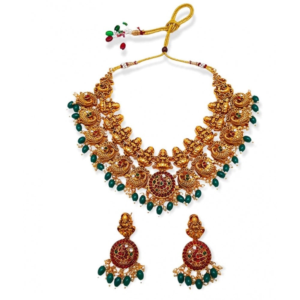 Women's Gold Plated Temple Necklace and Earrings Set (Green, Free Size)