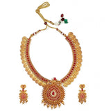 Women's Gold Plated Temple Necklace and Earrings Set with Pearls (Red, Free Size)