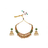 Women's Gold Plated Temple Necklace and Earrings Set (Green, Free Size)