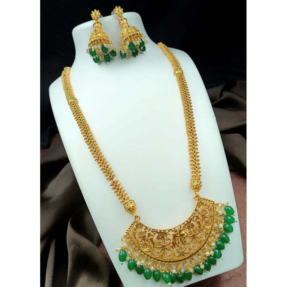 Women's Gold Plated Temple Necklace and Earrings Set (Green, Free Size)
