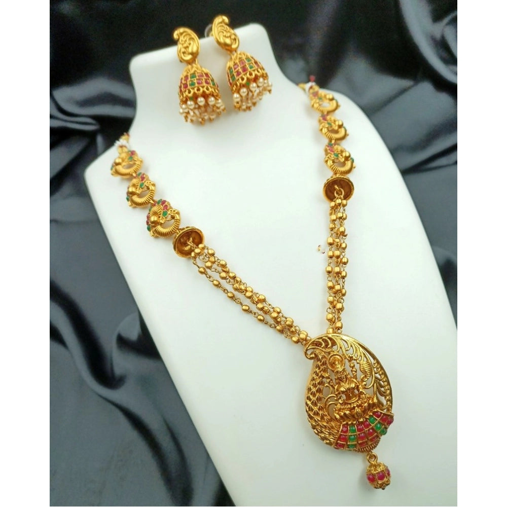 Women's Traditional Temple Necklace and Earrings Set in Gold (Multi Color, Free Size)