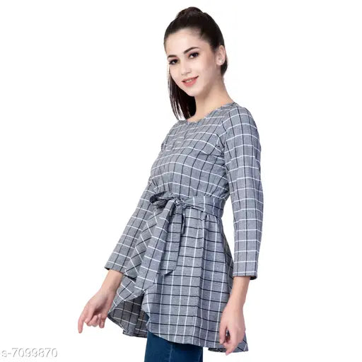 Women's checked grey cotton top, three-quarter sleeves, natural fabric for stylish fashion on rack