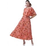 Orange crepe floral half sleeve full length gown