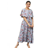 Women's crepe full length floral gown in light grey color