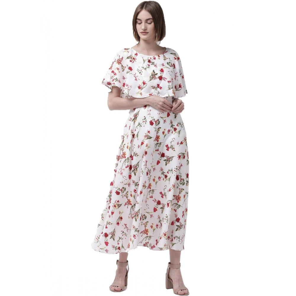 White crepe floral women's gown with half sleeves