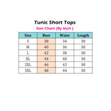 Multicolor viscose blend women's 3/4 sleeve tunic short top, vibrant hues on fashionable clothing item