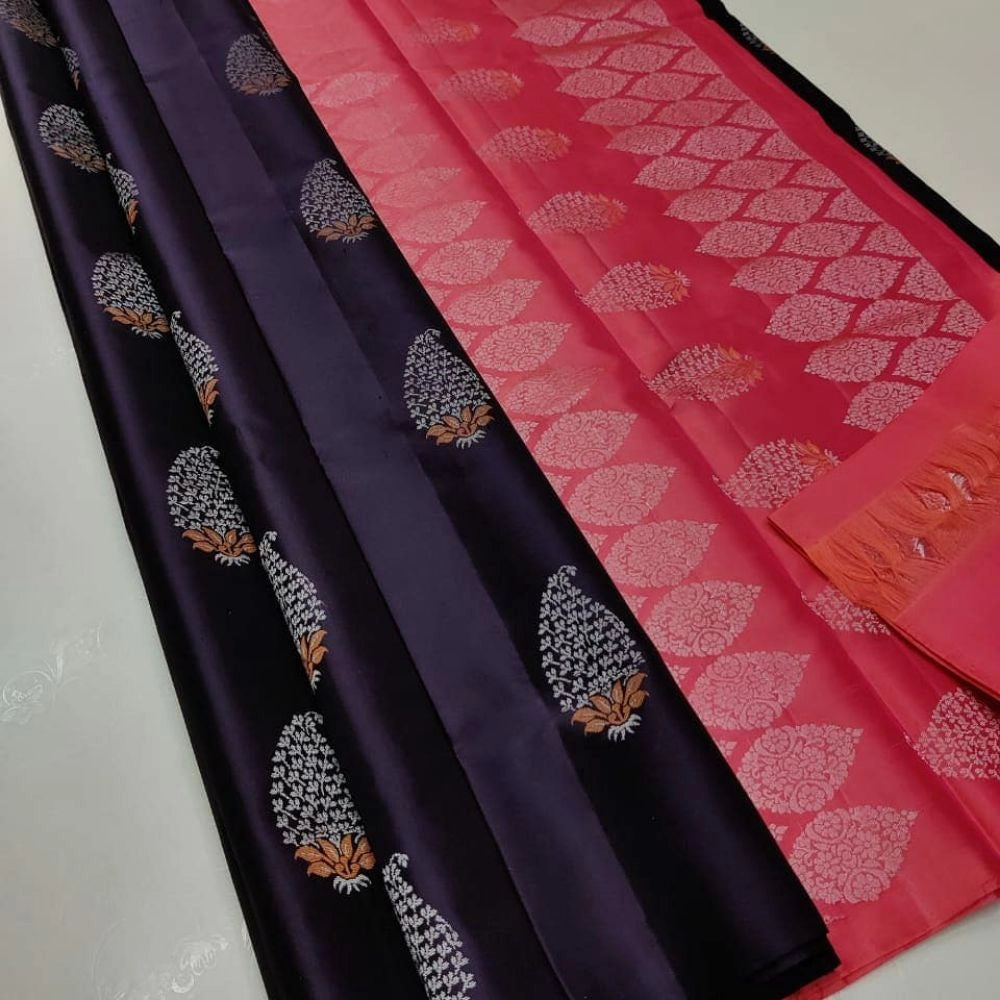Women's Borderless Kanjivaram Silk Sarees With Unstitched Blouse (Purple) - GillKart