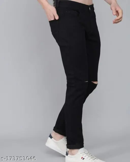 Black cotton blend solid jeans for men, high-quality KAZAMAJEANS brand with 5-star rating on Gillkart. Mens size 28 (Waist 28in, Length 40in, Hip 29in), also available in sizes 30, 32 (India)