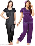 Women's solid satin night suit set, free size, short-sleeved pyjamas made in India