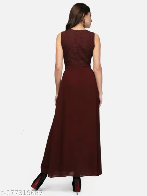 Brown Georgette lace jumpsuit, V-neck sleeveless style for women's fashion