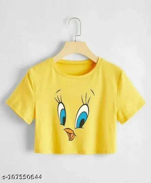 Yellow cotton blend TUSICROP Tweety short sleeve top, printed net pattern on front