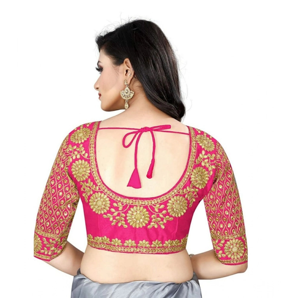 Ultra satin pink blouse (free size up to 34 inches), ready-made half sleeve with round neck for women's casual, festive, or party wear