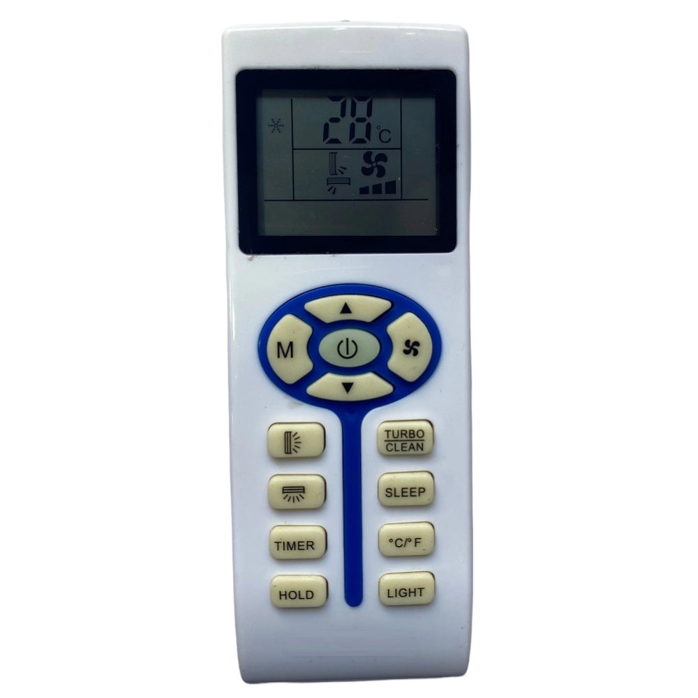 Multi-colored infrared remote compatible with Voltas AC, long-range operation from sofa, ergonomic design